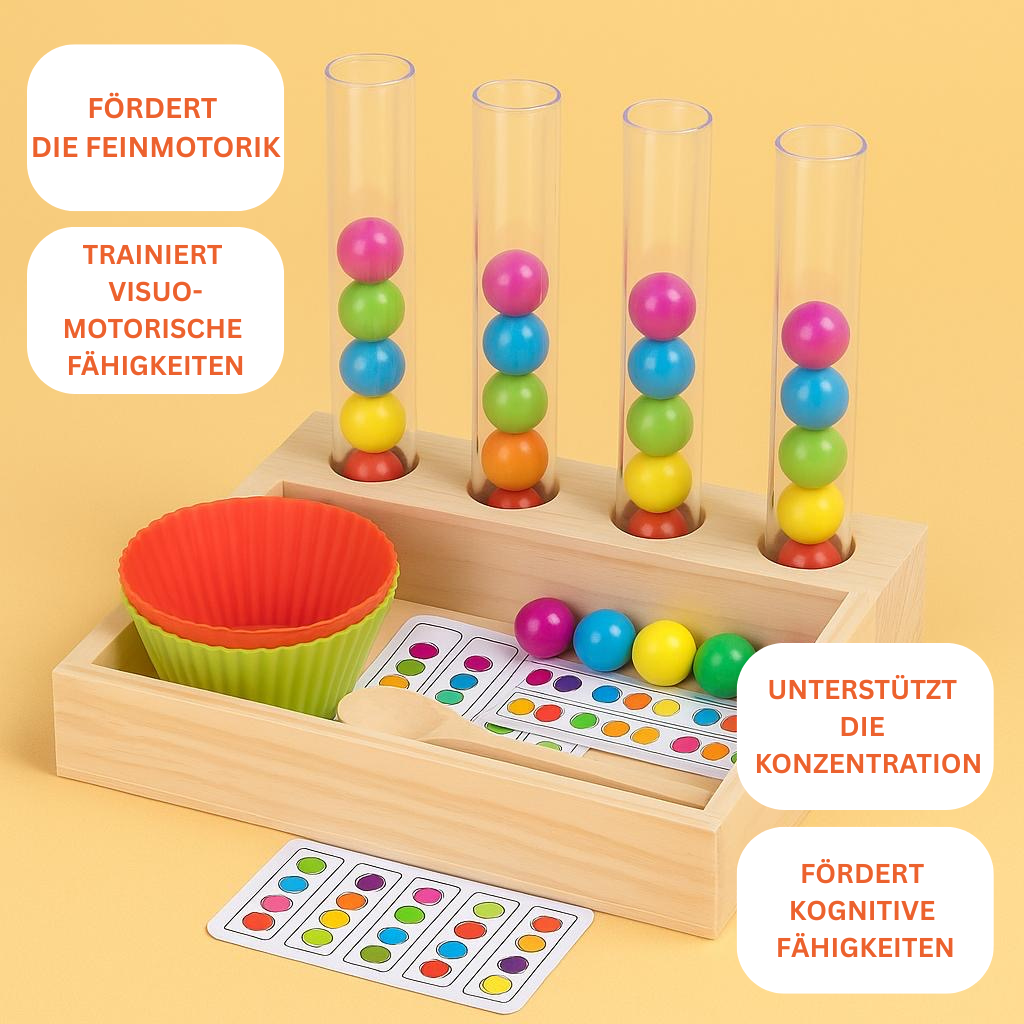 Montessori Sortierspiel mit Kugeln zur Förderung von Farben und Reihenfolgen
